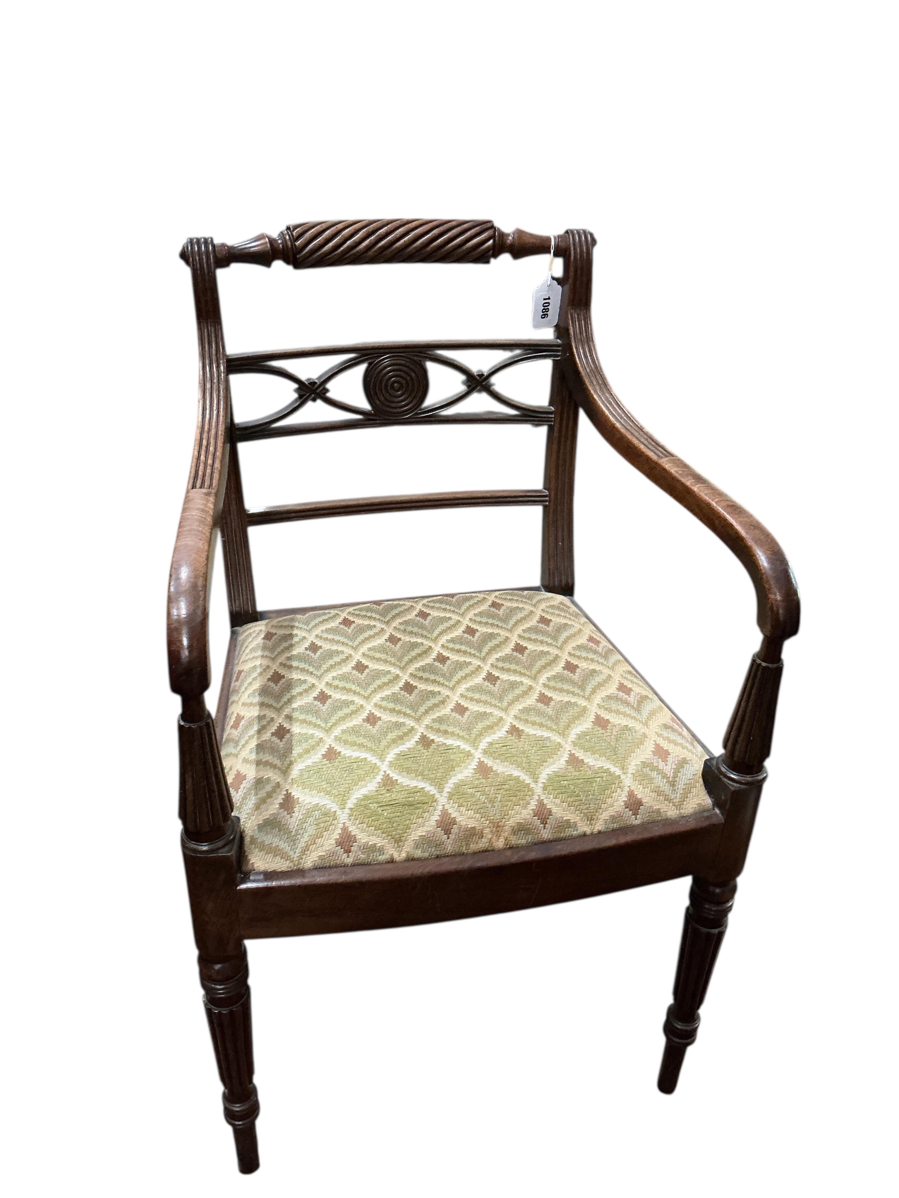A Regency mahogany elbow chair, width 51cm, depth 46cm, height 87cm